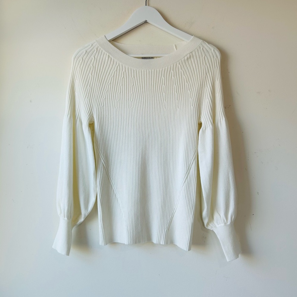 Chicos Women’s Sweater Puff Bishop Sleeve Size S Off White Elegant Office Cozy